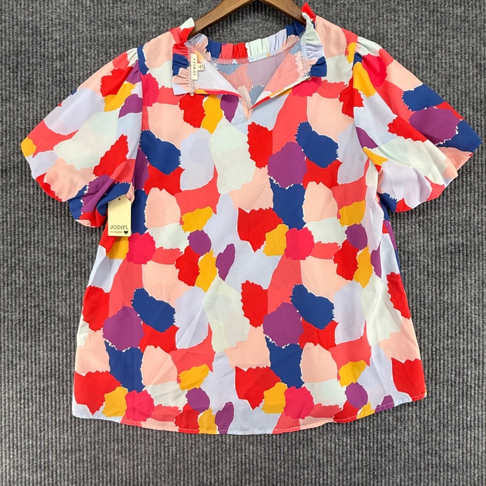 Jodifl Blouse Womens Medium Multi NWT Abstract Puff Sleeve Ruffle Neck G9866